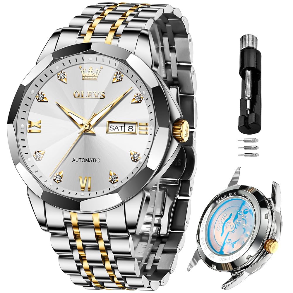 OLEVS Skeleton Men Watches Automatic Business Luxury Diamond Self Winding Watch for Men Stainless Steel Calendar Wrist Watch
