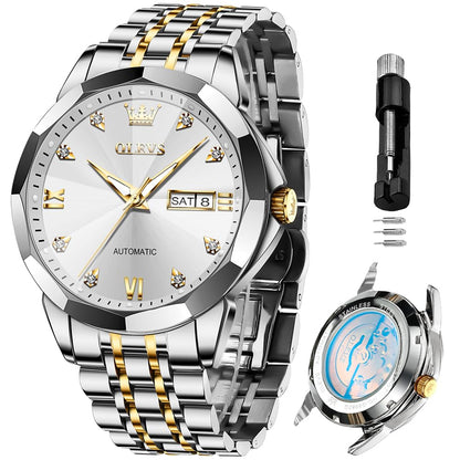 OLEVS Skeleton Men Watches Automatic Business Luxury Diamond Self Winding Watch for Men Stainless Steel Calendar Wrist Watch