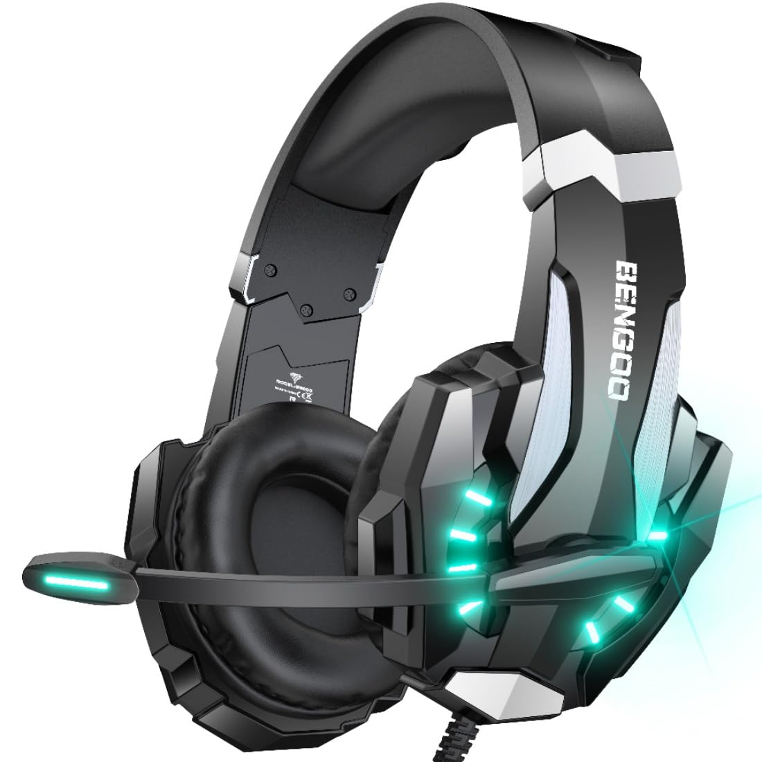 BENGOO G9000 Stereo Gaming Headset for PS4 PC Xbox One PS5 Controller, Noise Cancelling Over Ear Headphones with Mic, LED Light, 7.1 Surround Sound, Soft Memory Earmuffs for Nintendo Xbox Series X|S