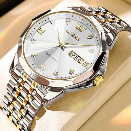 OLEVS Skeleton Men Watches Automatic Business Luxury Diamond Self Winding Watch for Men Stainless Steel Calendar Wrist Watch