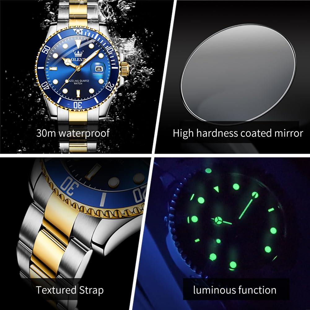 OLEVS Luxury Watches for Men Big Face Stainless Steel Business Dress Analog Quartz Watch with Day Waterproof Luminous Mens Wrist Watch