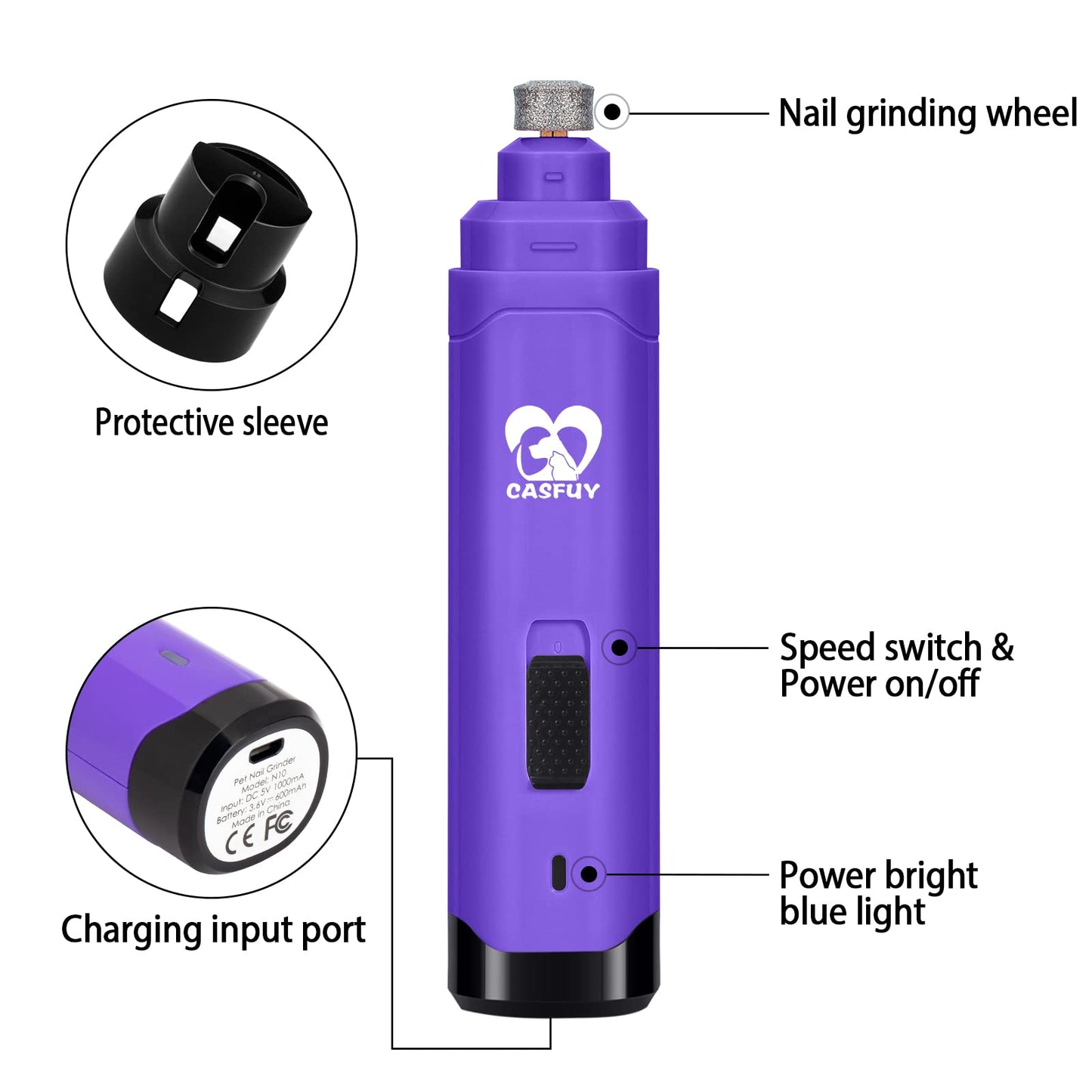 Casfuy Dog Nail Grinder Upgraded - Professional 2-Speed Whisper-Quiet Electric Pet Nail Trimmer Painless Paws Grooming & Smoothing for Small Medium Large Dogs & Cats (Dark Blue)