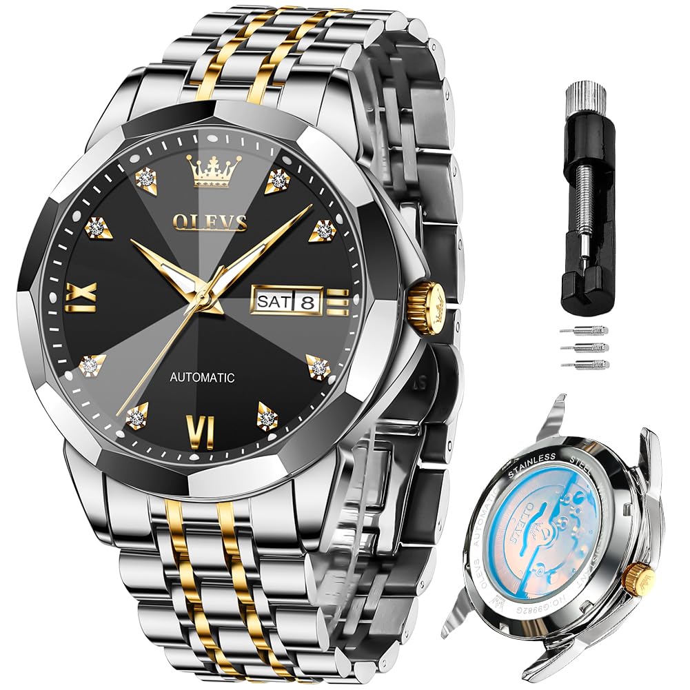 OLEVS Skeleton Men Watches Automatic Business Luxury Diamond Self Winding Watch for Men Stainless Steel Calendar Wrist Watch