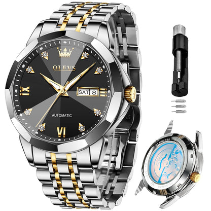 OLEVS Skeleton Men Watches Automatic Business Luxury Diamond Self Winding Watch for Men Stainless Steel Calendar Wrist Watch