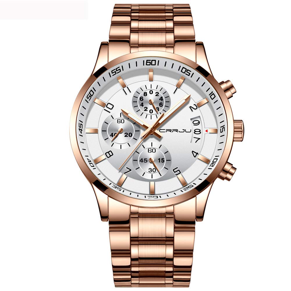 CRRJU Men's Fashion Stainless Steel Watches Date Waterproof Chronograph Wristwatches,Black Steel Band Waterproof Quartz Watch for Men
