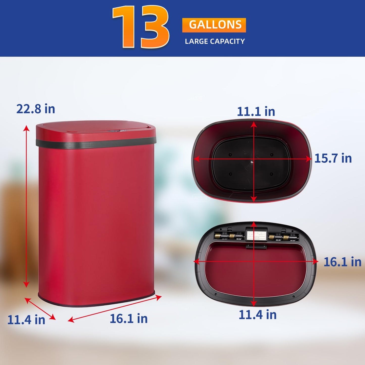 BestOffice | 13 Gallon Trash Can with Lid | Automatic Touchless Garbage Can | Odor Control | Modern Oval Design | Easy to Clean | Stainless Steel | Fits Any Kitchen, Bathroom, Office or Home