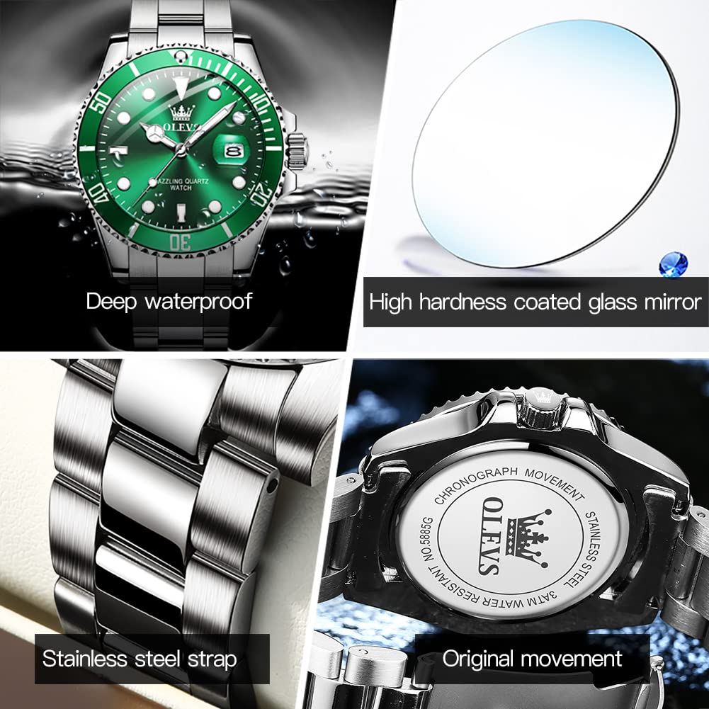 OLEVS Luxury Watches for Men Big Face Stainless Steel Business Dress Analog Quartz Watch with Day Waterproof Luminous Mens Wrist Watch