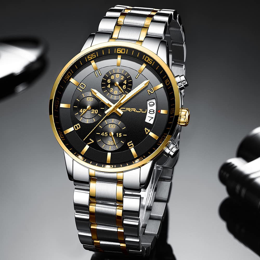 CRRJU Men's Fashion Stainless Steel Watches Date Waterproof Chronograph Wristwatches,Black Steel Band Waterproof Quartz Watch for Men