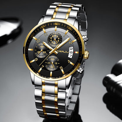 CRRJU Men's Fashion Stainless Steel Watches Date Waterproof Chronograph Wristwatches,Black Steel Band Waterproof Quartz Watch for Men