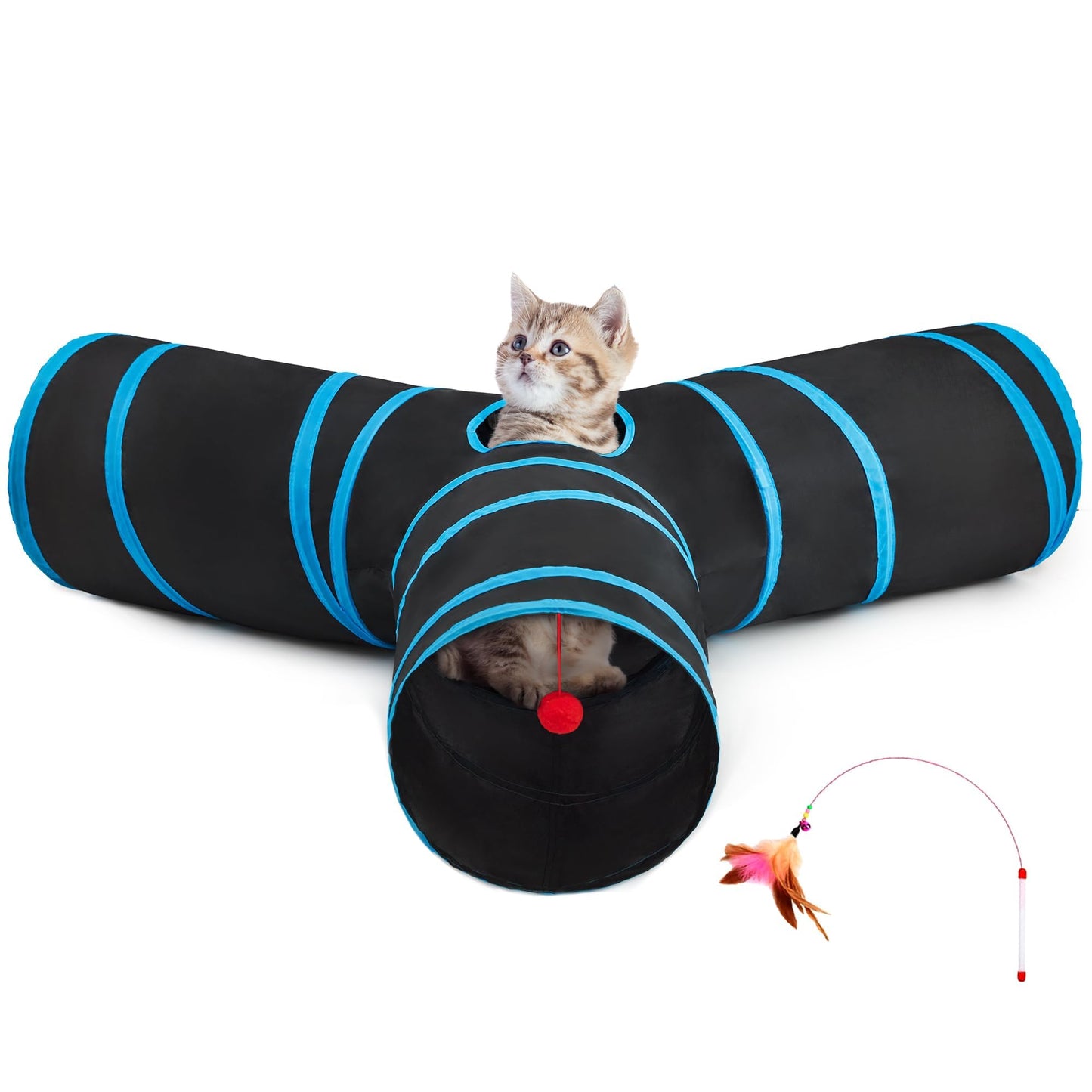 Tempcore Pet Cat Tunnel Tube Toys 3 Way Collapsible, Tunnels for Indoor Cats, Interactive Tube with Teaser Wand, Peek Holes & Hanging Ball, Black & Blue