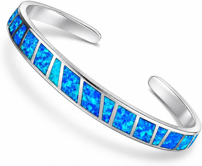 Blue Fire Opal Cuff Bracelet for Women – Turquoise & Lapis Style Silver Bangle, Adjustable Boho Southwestern Jewelry Gift