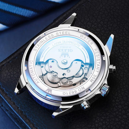 OLEVS Skeleton Men Watches Automatic Business Luxury Diamond Self Winding Watch for Men Stainless Steel Calendar Wrist Watch