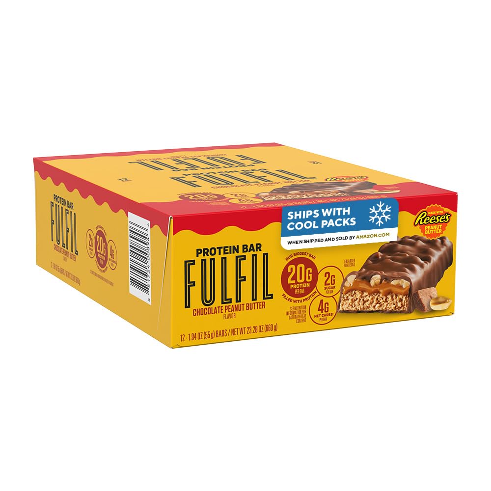 FULFIL Chocolate Peanut Butter Flavored Protein Bar Made with REESE's Peanut Butter, Gluten Free with 15g Protein, Pantry Staples, 12 Count