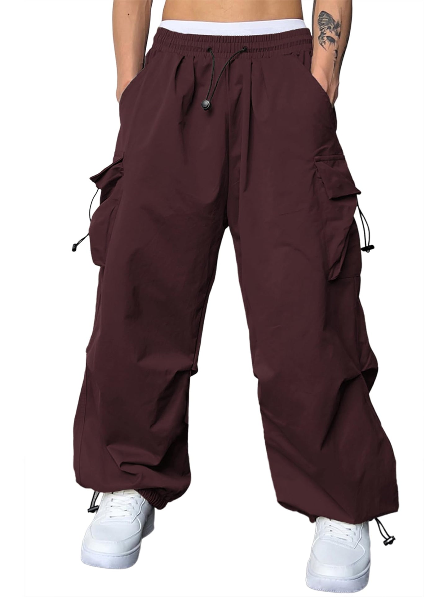 JMIERR Mens Loose Fit Drawstring Y2K Baggy Parachute Cargo Pants | Harem Joggers, Utility Flap, Deep Side Pockets, Elastic Waistband, Adjustable Hem, Streetwear, Casual Wear, Outdoor Hiking