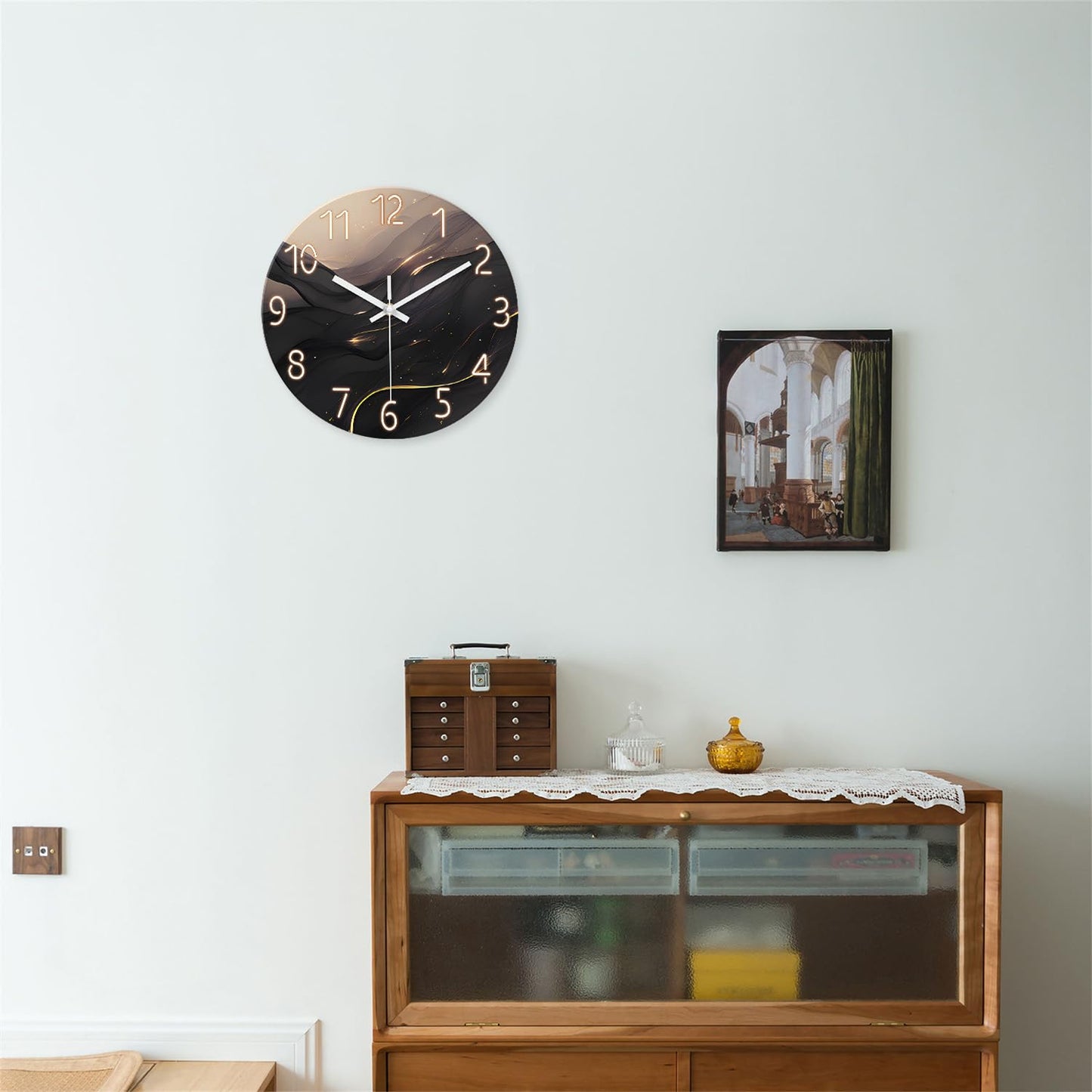 White Marble Glass Wall Clocks Battery Operated 12 Inch Abstract Decorative Analog Wall Clocks for Living Room Bedroom Office Silent Wall Clock Modern