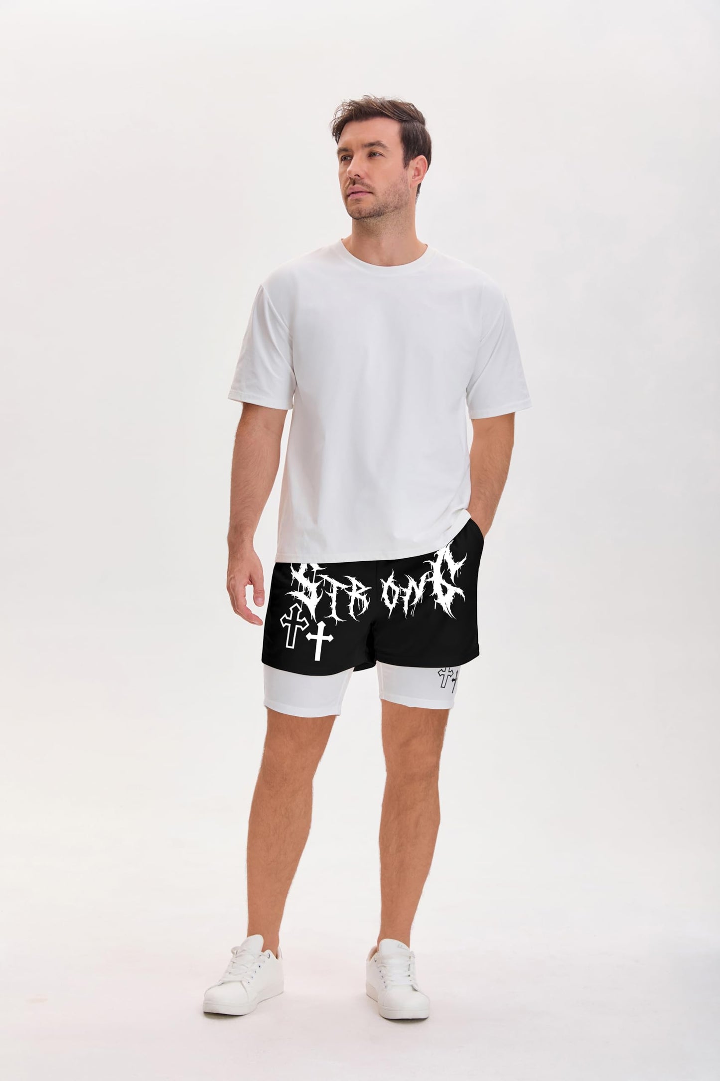 QJQ Men's 2 in 1 Goth Graphic Drawstring Elastic Waist Shorts Summer Casual Workout Athletic Gym Track Shorts
