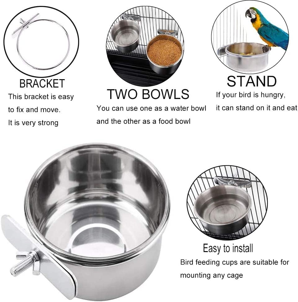 PINVNBY Parrot Feeding Cups Birds Food Dish Stainless Steel Parrot Feeders Water Cage Bowls with Clamp Holder for Cockatiel Conure Budgies Parakeet Parrot Macaw Small Animal Chinchilla Pack of 2