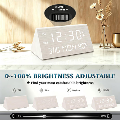 Kogonee Wooden Digital Alarm Clock, 0-100% Dimmer, 2 Alarm Settings, Weekday/Everyday Mode, 9 Mins Snooze, 12/24H, Temperature and Date Display for Office, Travel, Bedroom Alarm Clock (Brown)