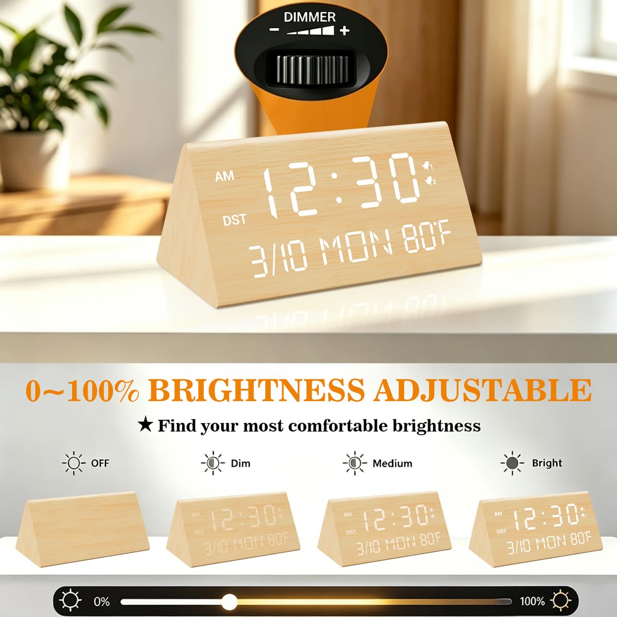 Kogonee Wooden Digital Alarm Clock, 0-100% Dimmer, 2 Alarm Settings, Weekday/Everyday Mode, 9 Mins Snooze, 12/24H, Temperature and Date Display for Office, Travel, Bedroom Alarm Clock (Brown)