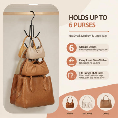 ZEDODIER 2 Pack Purse Organizer for Closet, Heavy-Duty Hanging Purse Hanger Closet Holds Up to 12 Purses, Metal Rotating Space Saving Bag Holder Handbag Storage Hook Backpack Rack, Silver