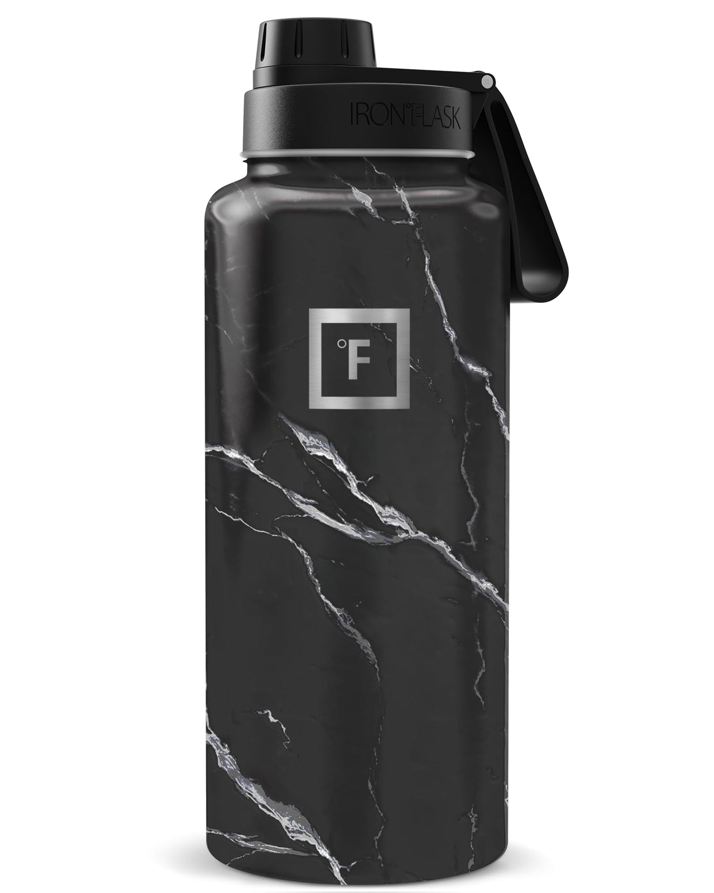 IRON °FLASK Camping & Hiking Hydration Flask with Straw, Wide Mouth Insulated Stainless Steel Sports Water Bottle - Midnight Black 24 oz - Straw (1 Lid)