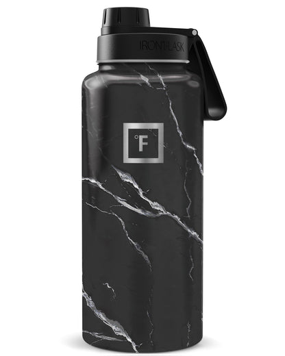 IRON °FLASK Camping & Hiking Hydration Flask with Straw, Wide Mouth Insulated Stainless Steel Sports Water Bottle - Midnight Black 24 oz - Straw (1 Lid)