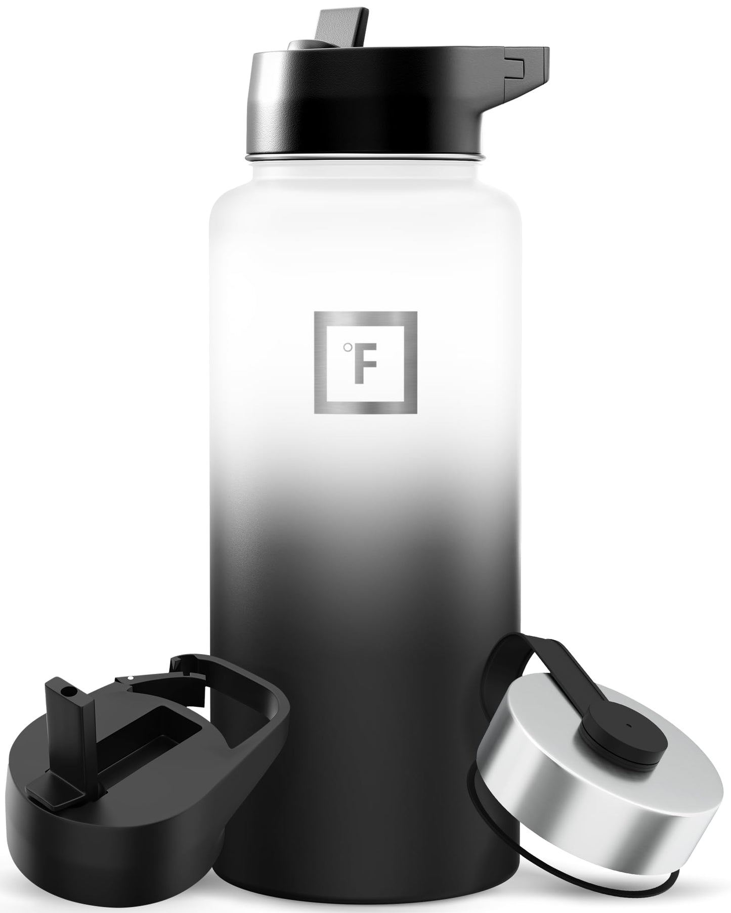 IRON °FLASK Camping & Hiking Hydration Flask with Straw, Wide Mouth Insulated Stainless Steel Sports Water Bottle - Midnight Black 24 oz - Straw (1 Lid)