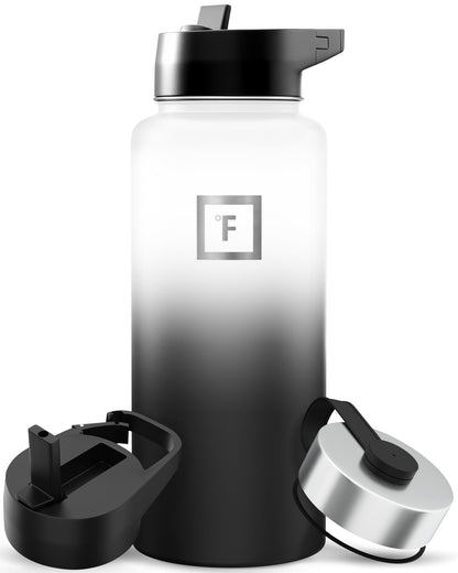 IRON °FLASK Camping & Hiking Hydration Flask with Straw, Wide Mouth Insulated Stainless Steel Sports Water Bottle - Midnight Black 24 oz - Straw (1 Lid)
