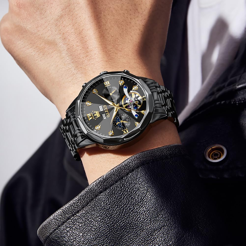 OLEVS Skeleton Men Watches Automatic Business Luxury Diamond Self Winding Watch for Men Stainless Steel Calendar Wrist Watch