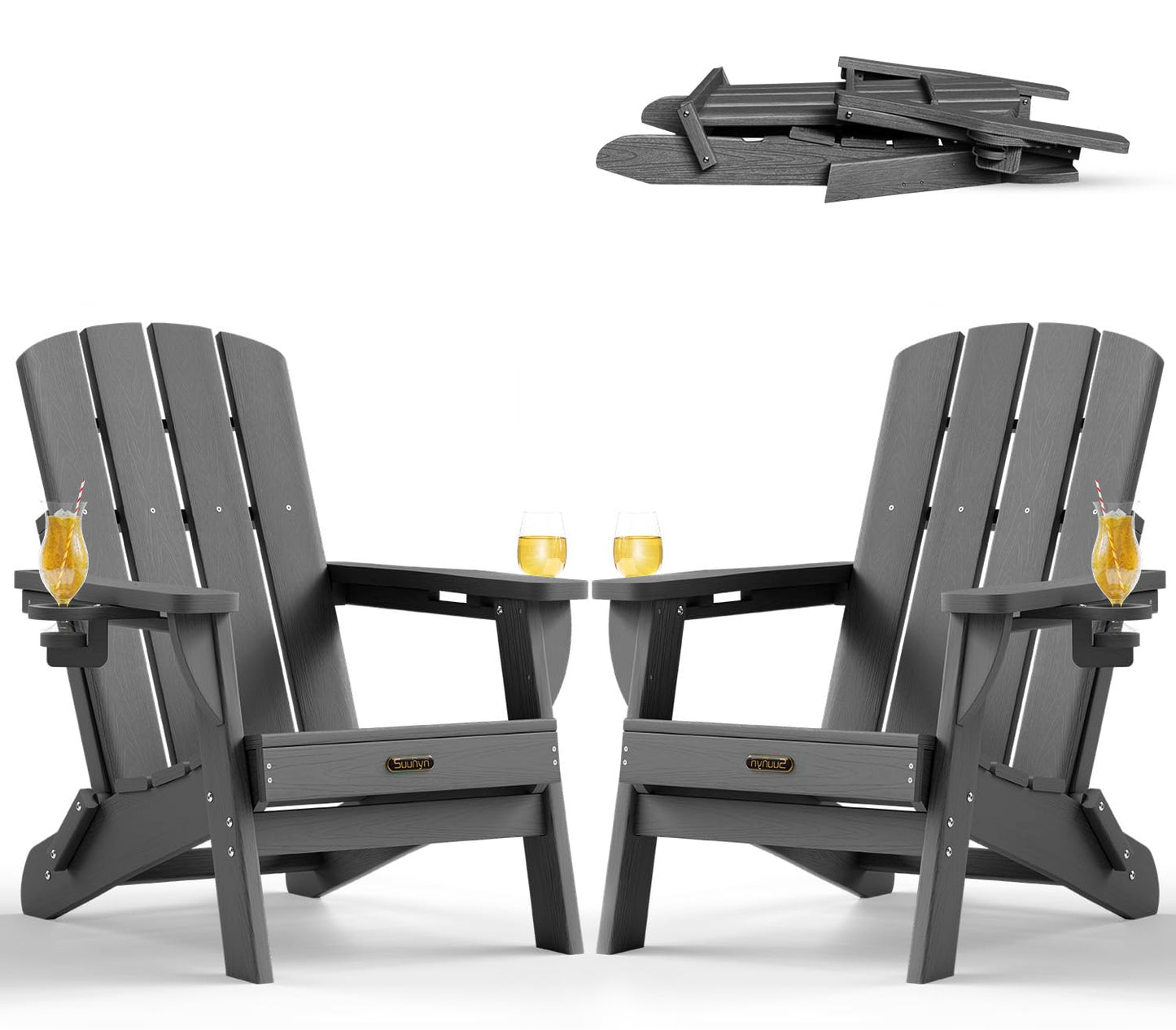 Folding Adirondack Chair, HDPE Adirondack Chairs with 2 Cup Holder, Plastic All-Weather Fire Pit Chairs, Outdoor Lawn Chair for Patio Garden (Grey)