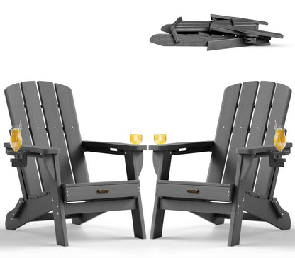 Folding Adirondack Chair, HDPE Adirondack Chairs with 2 Cup Holder, Plastic All-Weather Fire Pit Chairs, Outdoor Lawn Chair for Patio Garden (Grey)