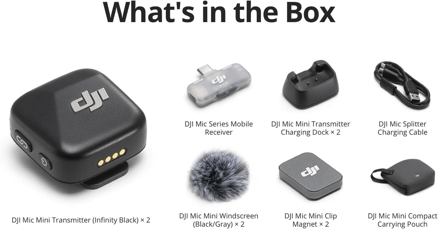 DJI Mic Mini (2 TX + 1 RX), Ultralight, Detail-Rich Audio | Noise Cancelling, Automatic Limiting, Wireless Microphone for Camera/iPhone/Android, Vlog, Streaming, 400m Transmission