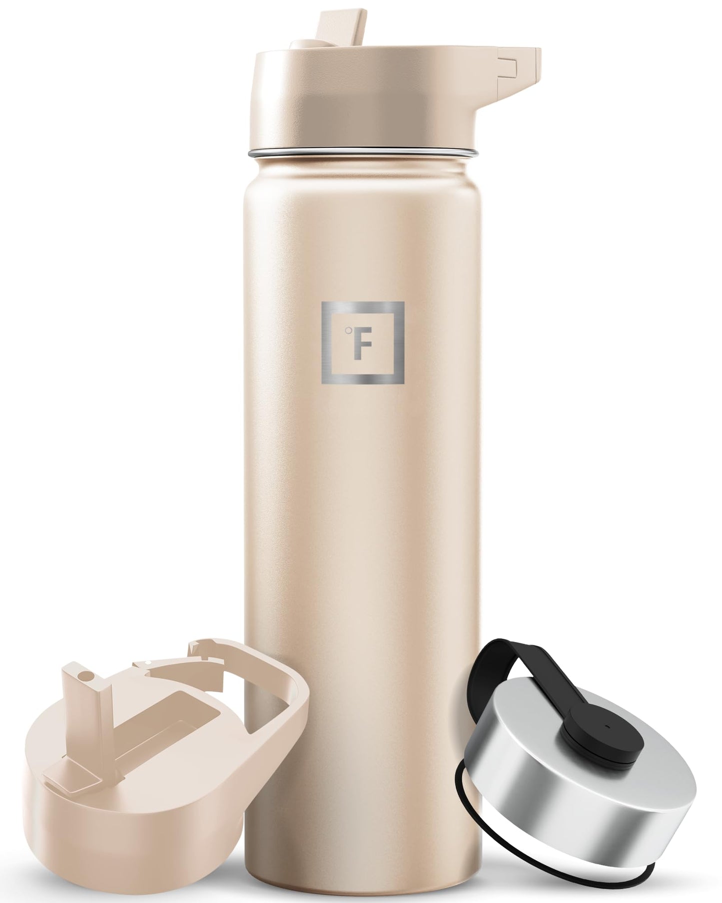 IRON °FLASK Camping & Hiking Hydration Flask with Straw, Wide Mouth Insulated Stainless Steel Sports Water Bottle - Midnight Black 24 oz - Straw (1 Lid)