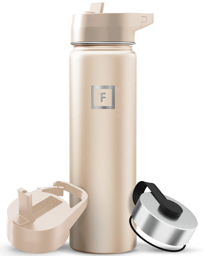 IRON °FLASK Camping & Hiking Hydration Flask with Straw, Wide Mouth Insulated Stainless Steel Sports Water Bottle - Midnight Black 24 oz - Straw (1 Lid)