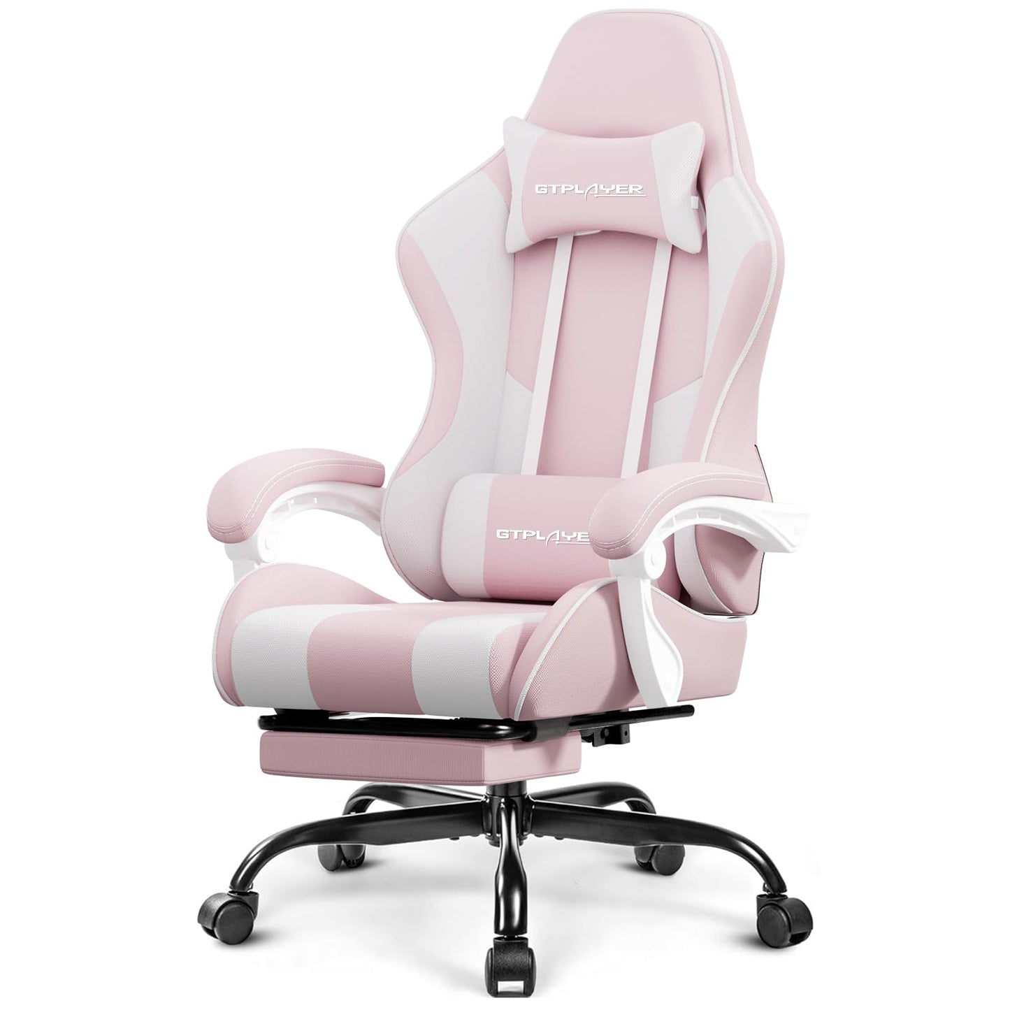 GTPLAYER Gaming Chair, Computer Chair with Footrest and Lumbar Support, Height Adjustable Game Chair with 360°-Swivel Seat and Headrest and for Office or Gaming (Pearl White)