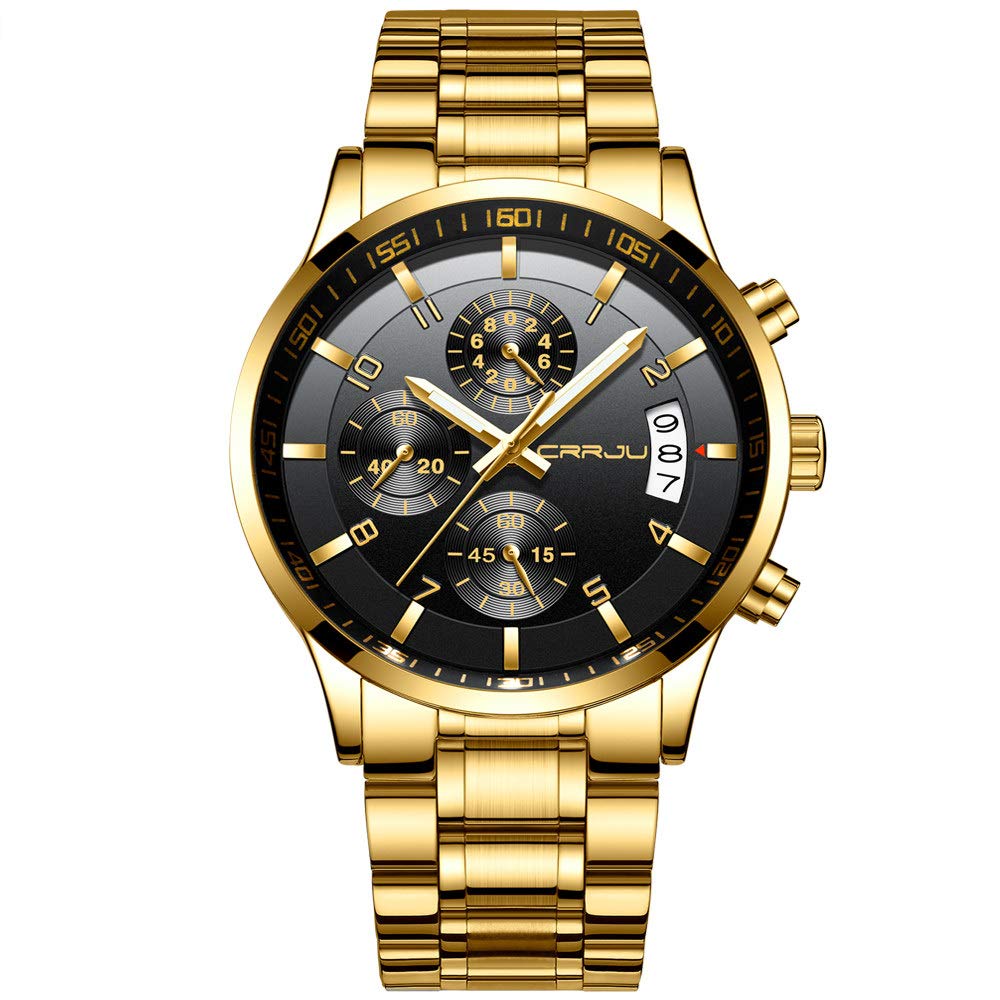 CRRJU Men's Fashion Stainless Steel Watches Date Waterproof Chronograph Wristwatches,Black Steel Band Waterproof Quartz Watch for Men