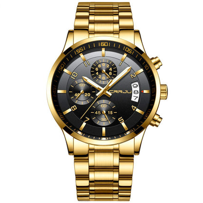 CRRJU Men's Fashion Stainless Steel Watches Date Waterproof Chronograph Wristwatches,Black Steel Band Waterproof Quartz Watch for Men