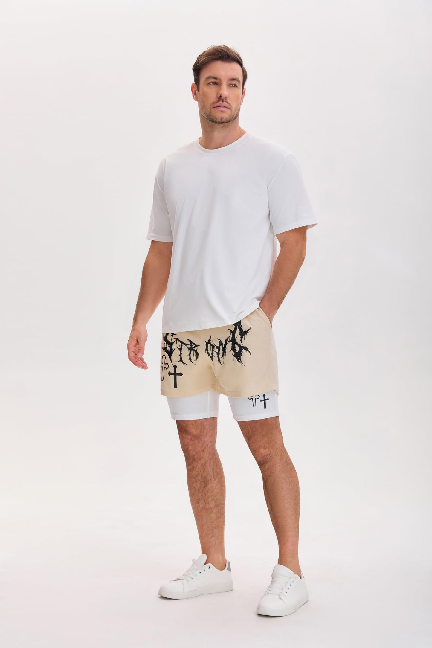 QJQ Men's 2 in 1 Goth Graphic Drawstring Elastic Waist Shorts Summer Casual Workout Athletic Gym Track Shorts