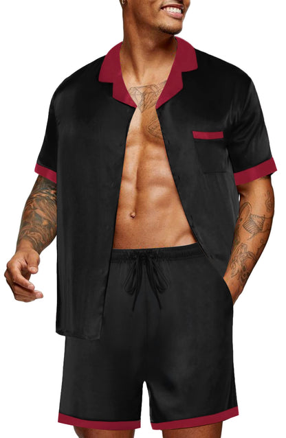 Ekouaer Men Satin Silk Pajamas Set with Pockets Sleepwear Shorts Satin Summer Loungewear 2 Piece Button Down Set S-3XL