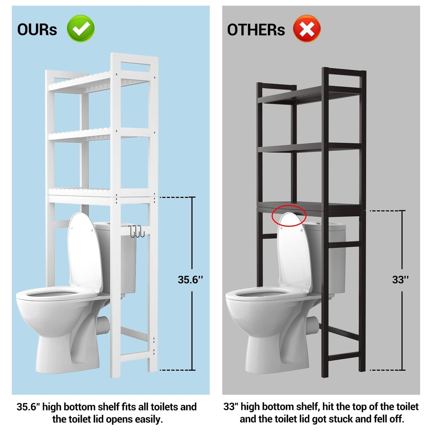 Homykic Over The Toilet Storage, Bamboo Over Toilet Bathroom Organizer Rack, Freestanding Bathroom Shelves Above Toilet Storage with 3 Hooks, Bathroom Space Saver, No Rust, Easy to Assemble, White