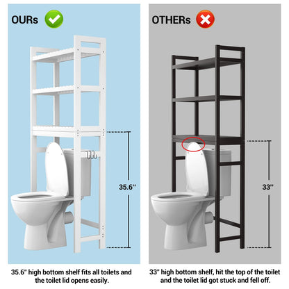 Homykic Over The Toilet Storage, Bamboo Over Toilet Bathroom Organizer Rack, Freestanding Bathroom Shelves Above Toilet Storage with 3 Hooks, Bathroom Space Saver, No Rust, Easy to Assemble, White