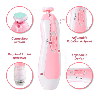 Electric Nail File Drill for Baby No Sharp Claws Hurt, 6 in 1 Safety Cutter Trimmer Clipper for Toes and Fingers (Blue)