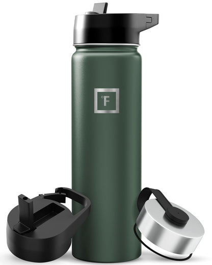 IRON °FLASK Camping & Hiking Hydration Flask with Straw, Wide Mouth Insulated Stainless Steel Sports Water Bottle - Midnight Black 24 oz - Straw (1 Lid)