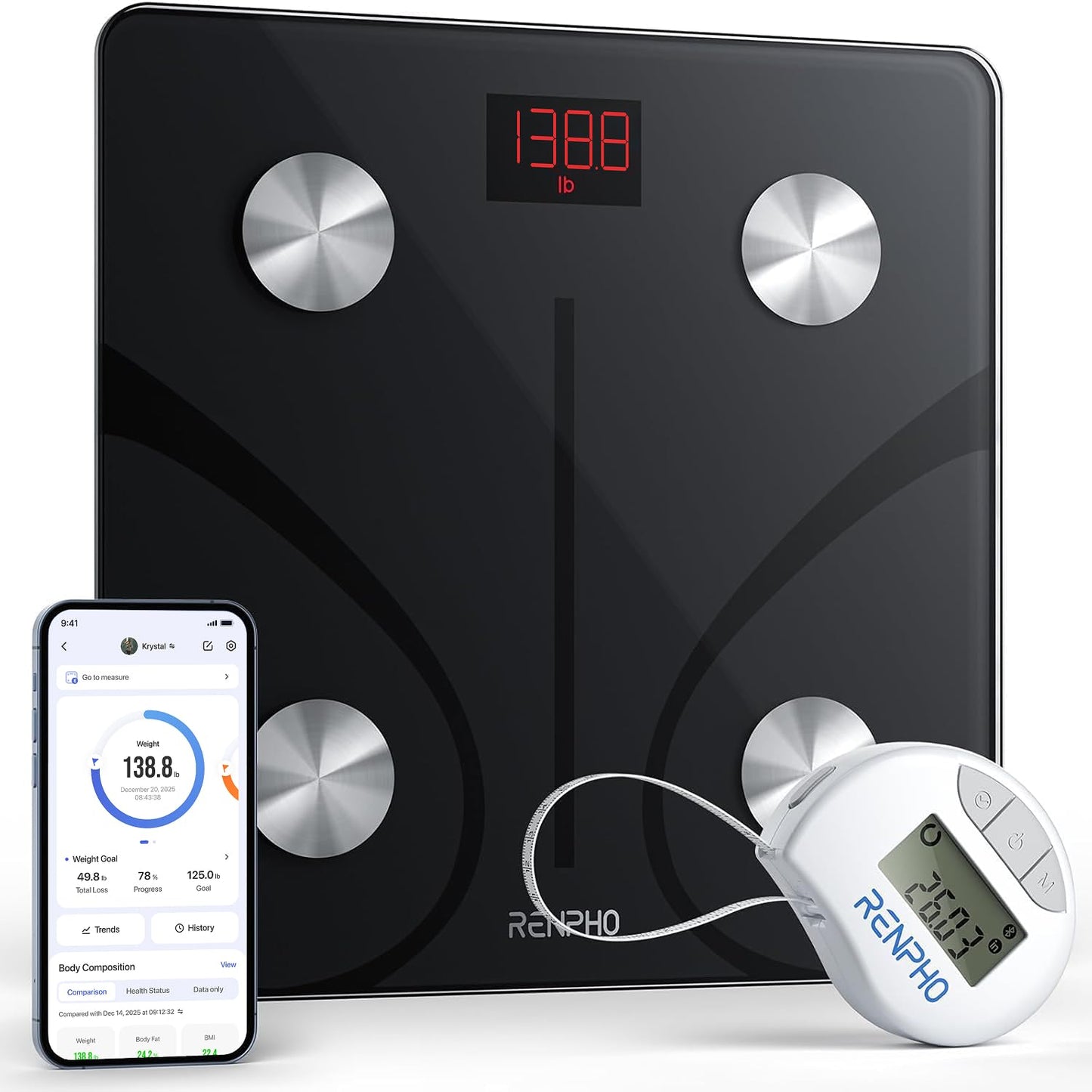 RENPHO Smart Scale for Body Weight, Tempered Glass Bathroom Digital Scale with BMI, Body Fat, Bluetooth Fitness Equipment Sync with Apps Accurate for Weight Loss, Home Use, 400 lbs – Elis 1