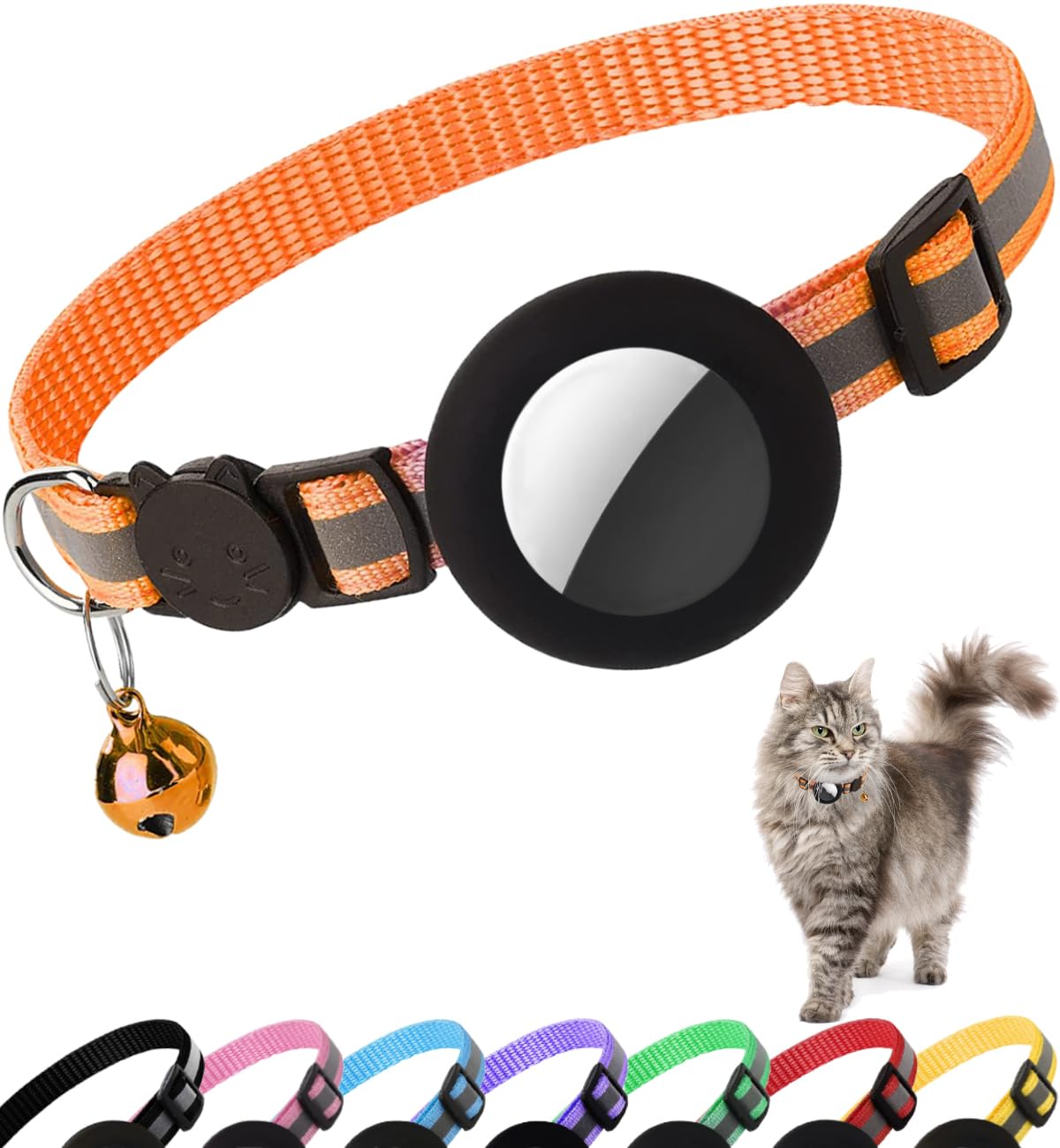 Airtag Cat Collar Breakaway, Cat Collar with Air Tag Holder(Black) | Safety Breakaway Buckle, Reflective Strip, Lightweight, Bell, 0.4 Inches in Width, Adjustable Size to Fit Different Cats