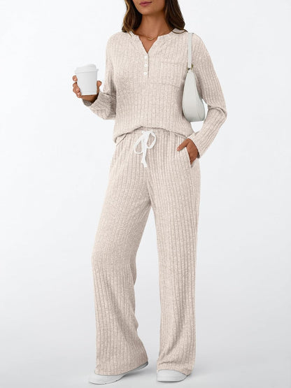LILLUSORY Women's 2 Piece Matching Lounge Sets 2026 Trendy Fall Outfits | Long Sleeve Henley Top & Drawstring Wide Leg Pants with Pockets, Comfort Material, Travel Airport Vacation Cruise Sweat Suit