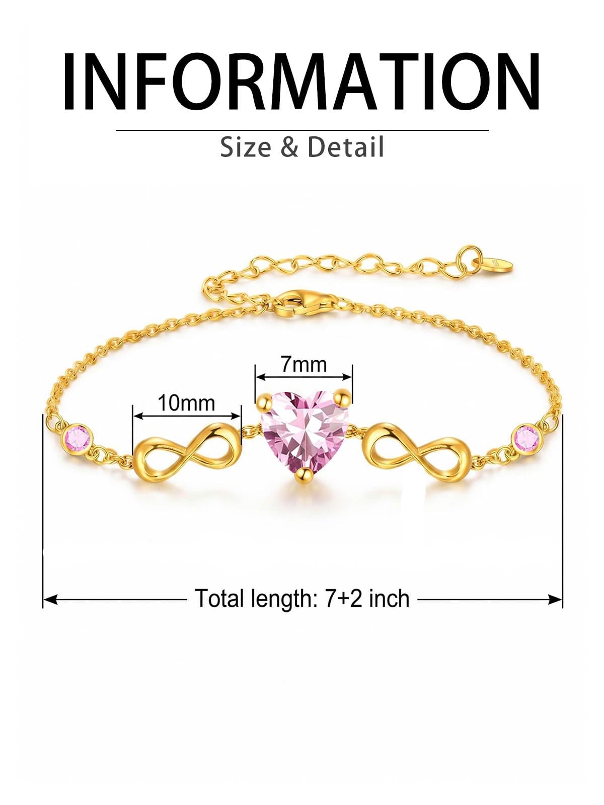 14K Gold Infinity Birthstone Bracelets for Women, Infinity Love Heart Birthstone Link Bracelets for Women, 14K Gold Plated Jewelry Birthday Gifts for Wife Girlfriend Mom, 7+2 Inch
