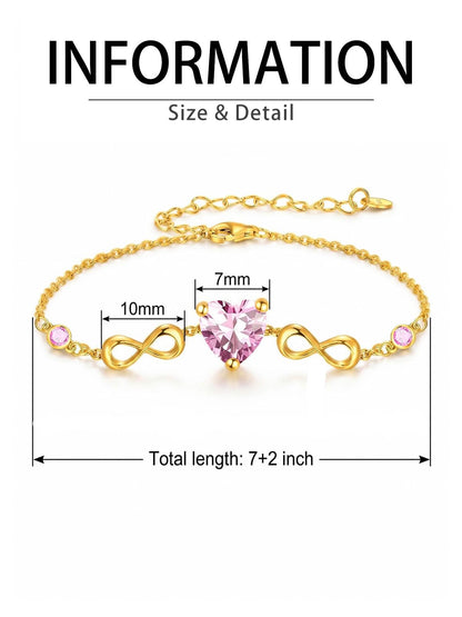 14K Gold Infinity Birthstone Bracelets for Women, Infinity Love Heart Birthstone Link Bracelets for Women, 14K Gold Plated Jewelry Birthday Gifts for Wife Girlfriend Mom, 7+2 Inch