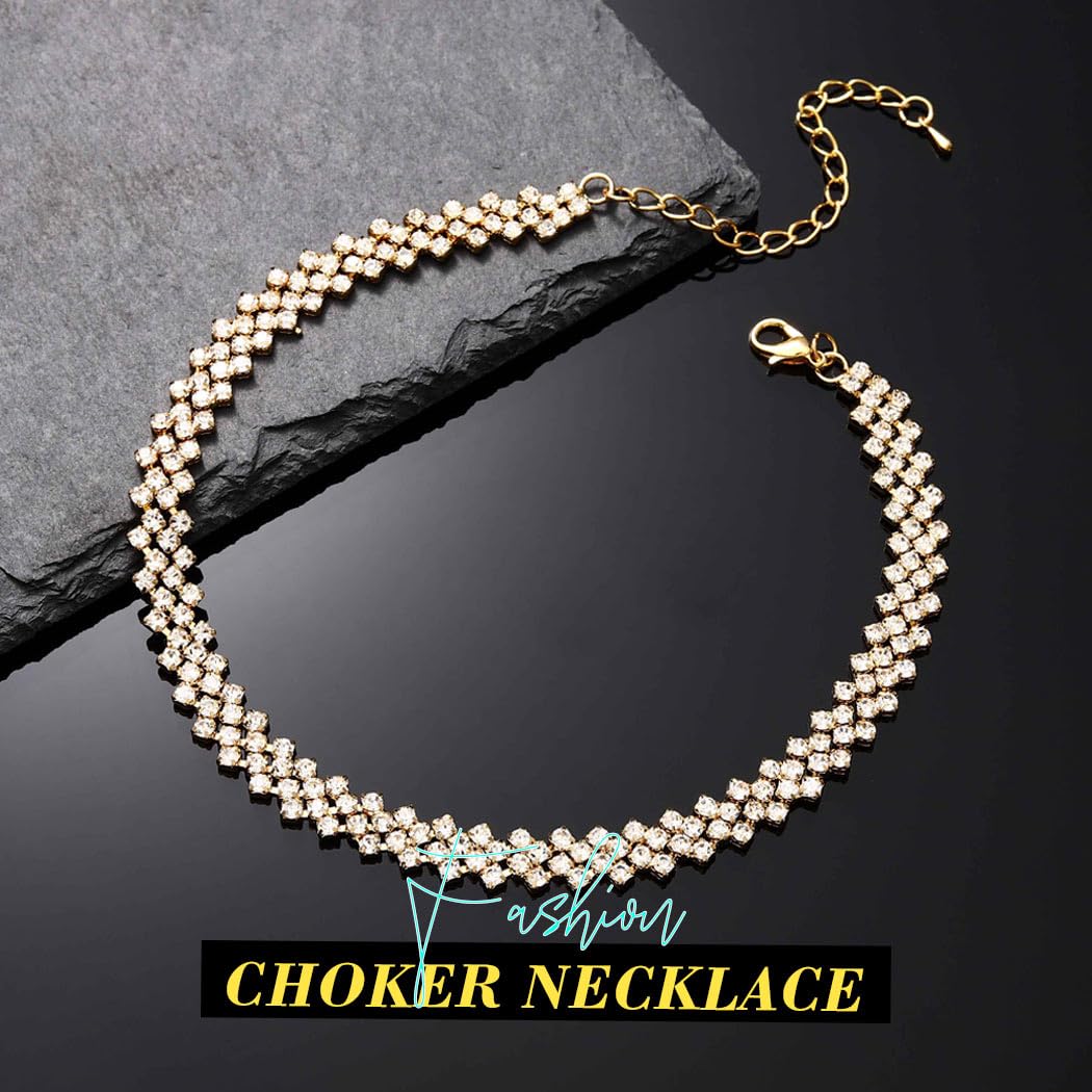 JEAIRTS Rhinestone Choker Necklace Gold Diamond Neck Chain Costume Jewelry