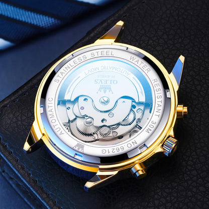 OLEVS Skeleton Men Watches Automatic Business Luxury Diamond Self Winding Watch for Men Stainless Steel Calendar Wrist Watch